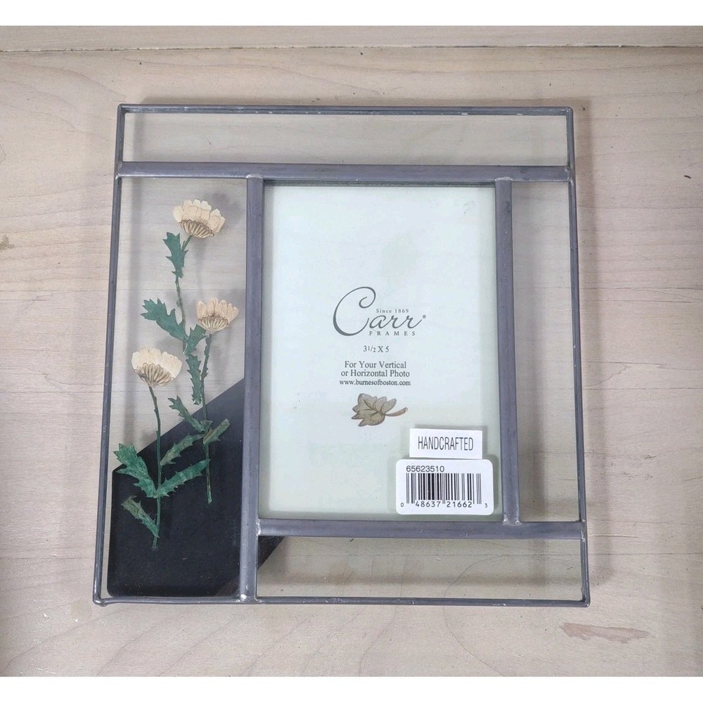 Vintage Carr Stained-Glass Picture Frame with Pressed Flowers Holds 3.5x5" Photo